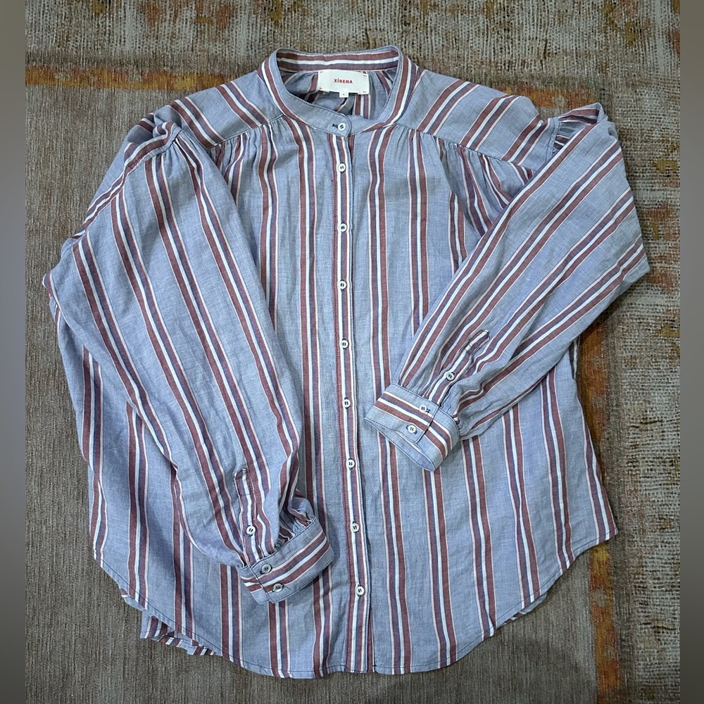 Xirena Women's Stripes Blue and Red Blouse Button Down Shirt